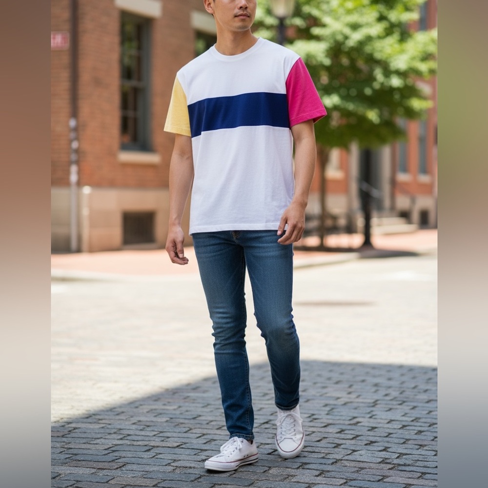 J.Crew Vintage Men's Colorblock Tee Cream Navy Pink Yellow Size L